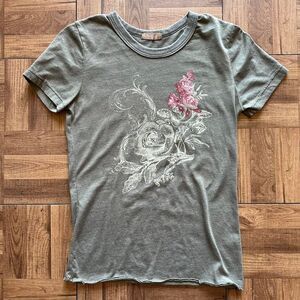 navy green graphic tee with rhinestones and raw hem